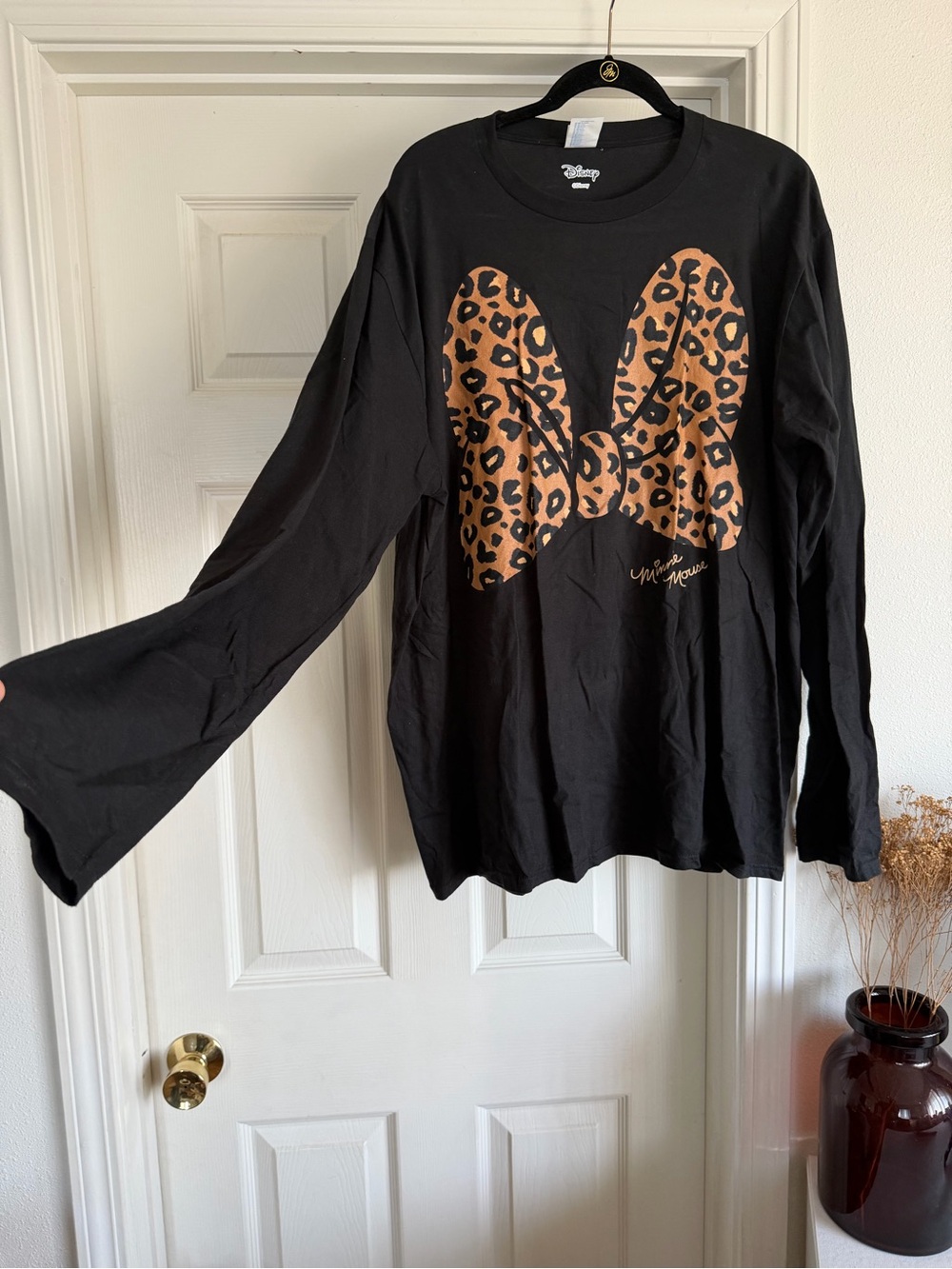 Disney Black Long Sleeve Tee with Leopard Bow Graphic